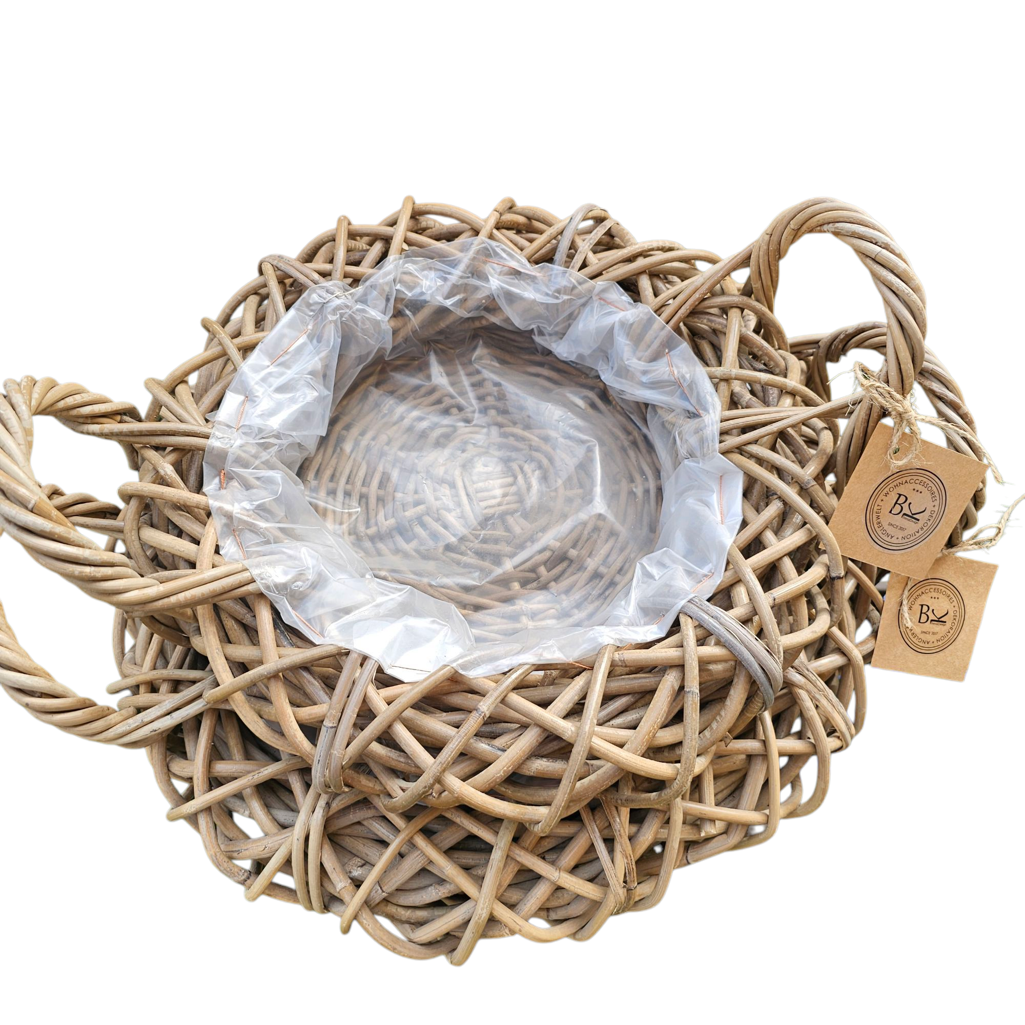 2er Set Pflanzschalen Pflanzkörbe natürliches Rattan grey rund mit Henkel