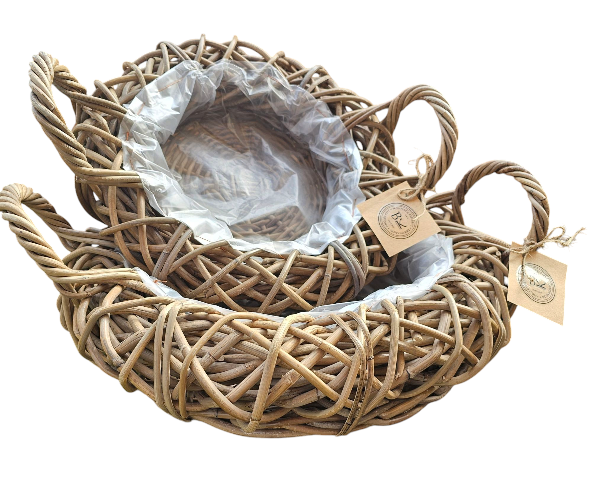 2er Set Pflanzschalen Pflanzkörbe natürliches Rattan grey rund mit Henkel