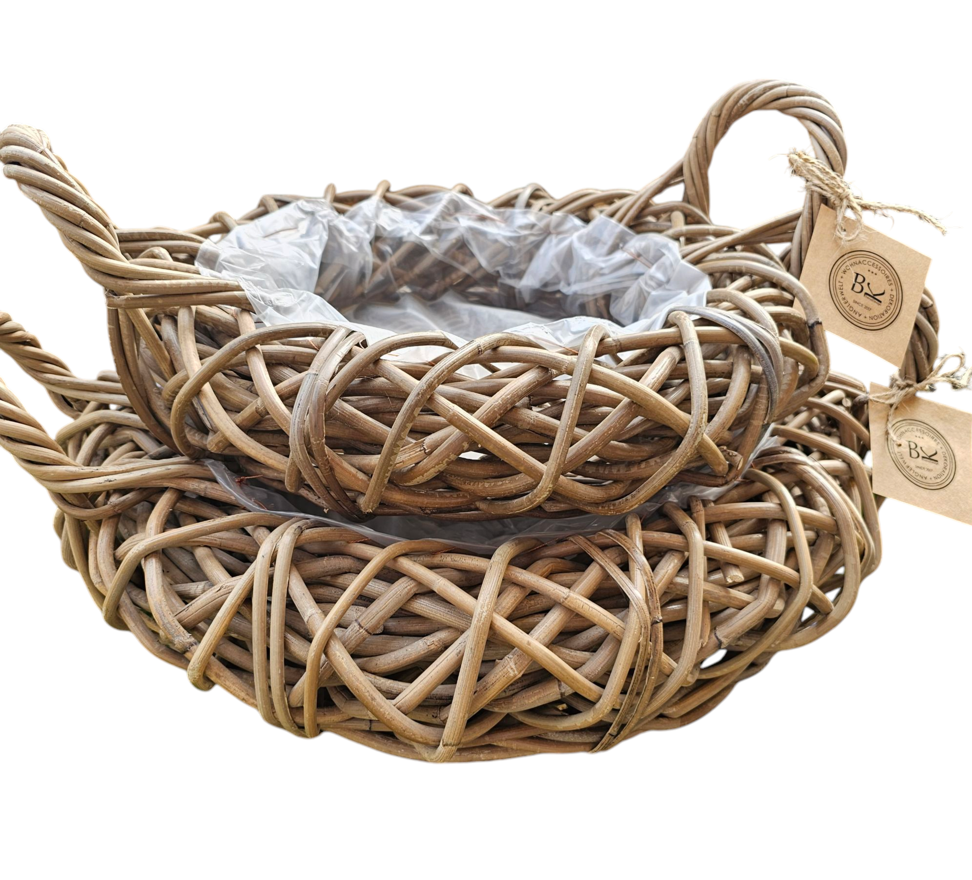 2er Set Pflanzschalen Pflanzkörbe natürliches Rattan grey rund mit Henkel