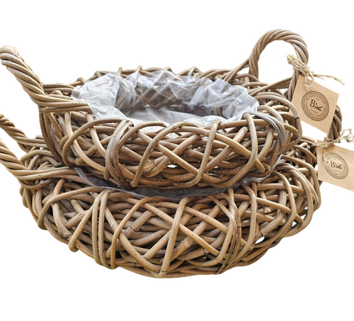 2er Set Pflanzschalen Pflanzkörbe natürliches Rattan grey rund mit Henkel