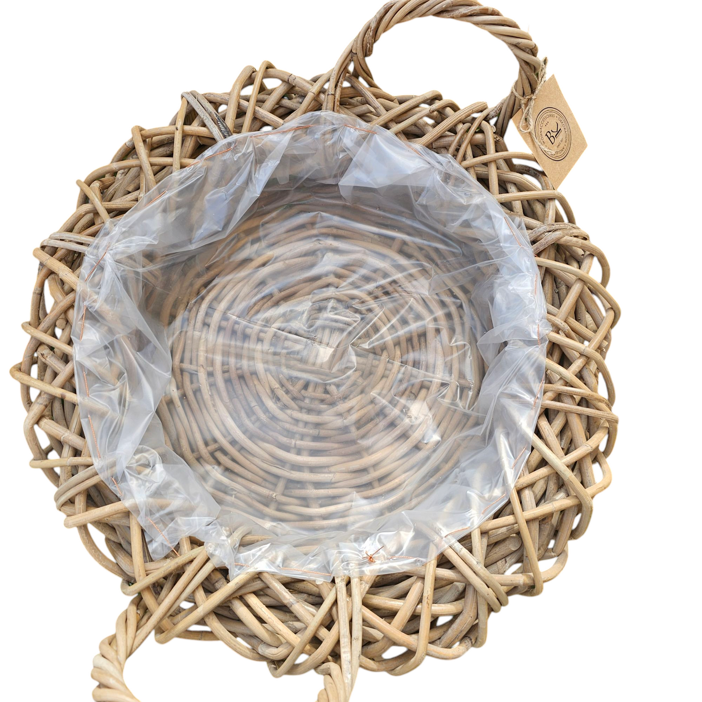 Pflanzschale Pflanzkorb XL natürliches Rattan grey Ø 50cm rund Henkel