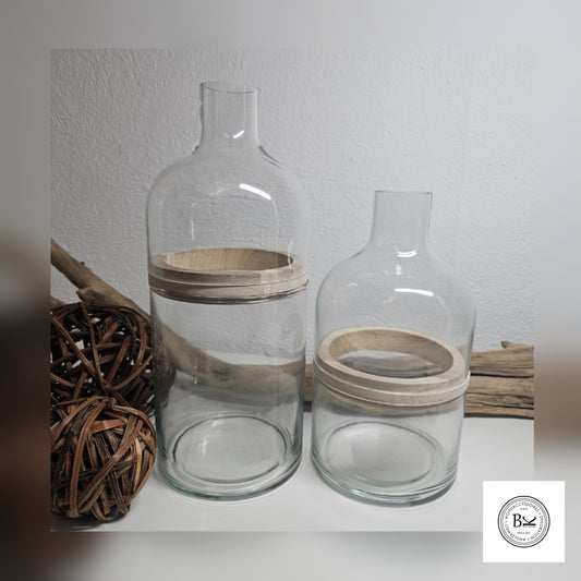 Glasvase transparent mit Holzring 3 Teile