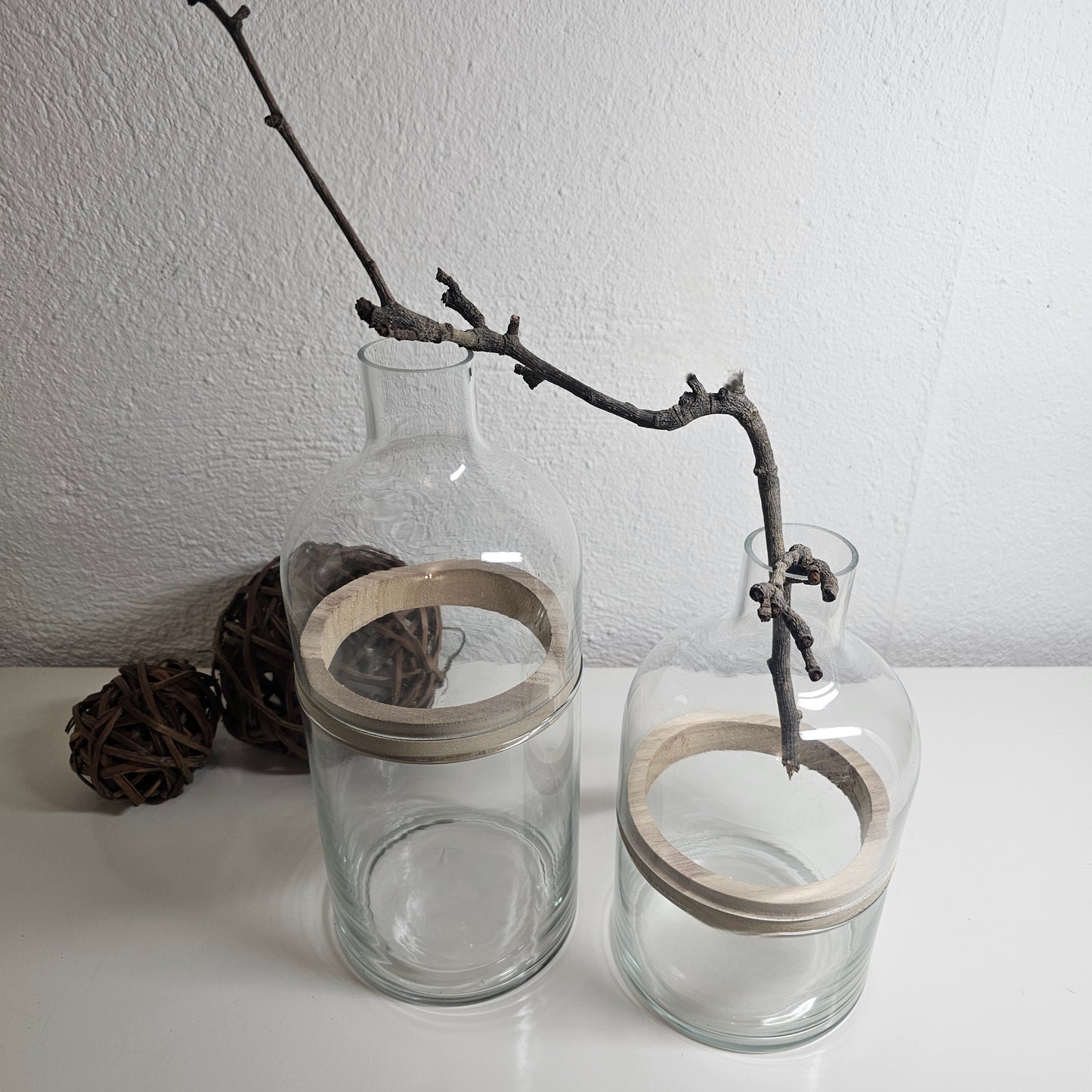 Glasvase transparent mit Holzring 3 Teile