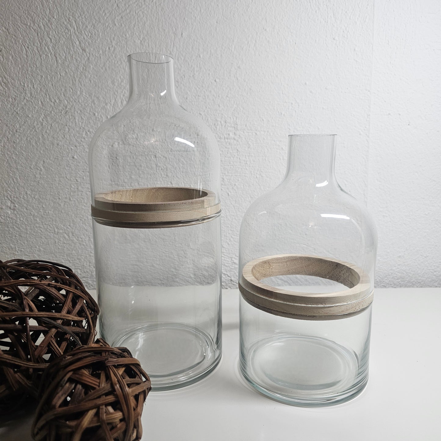 Glasvase transparent mit Holzring 3 Teile