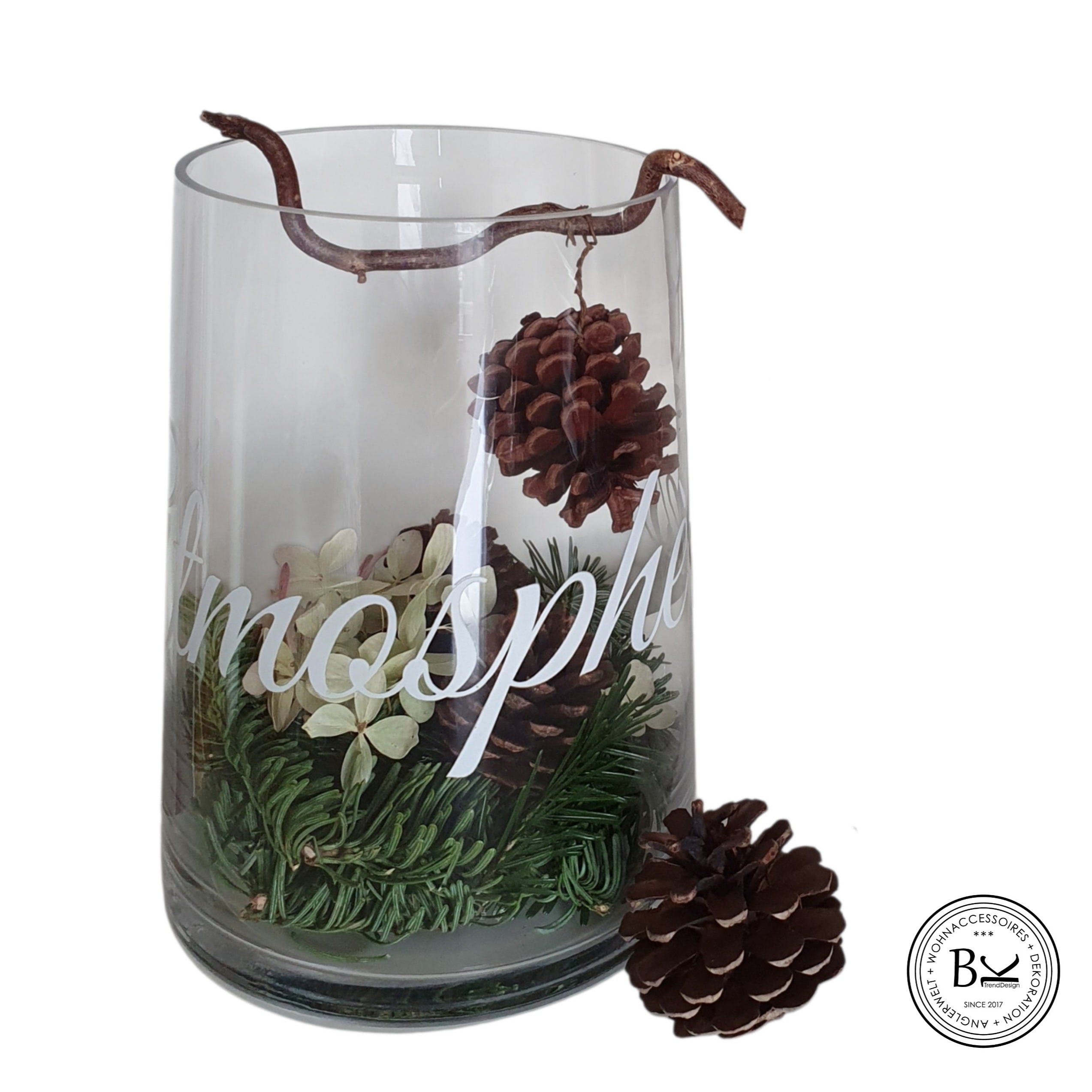 Blumenvase Glasvase Landhaus Vintage Shabby Schriftzug "Atmospheres"