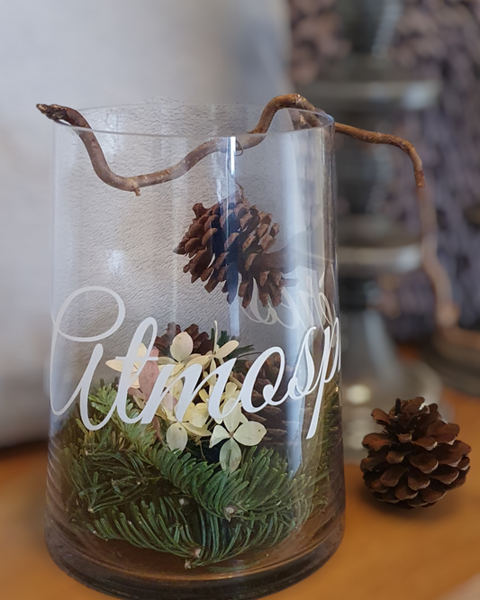 Blumenvase Glasvase Landhaus Vintage Shabby Schriftzug "Atmospheres"