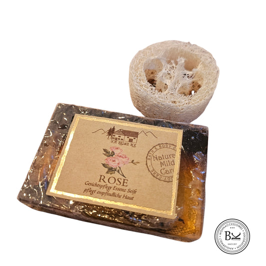 Rosen-Seife mit Seifenablage aus Lufaschwamm Bad